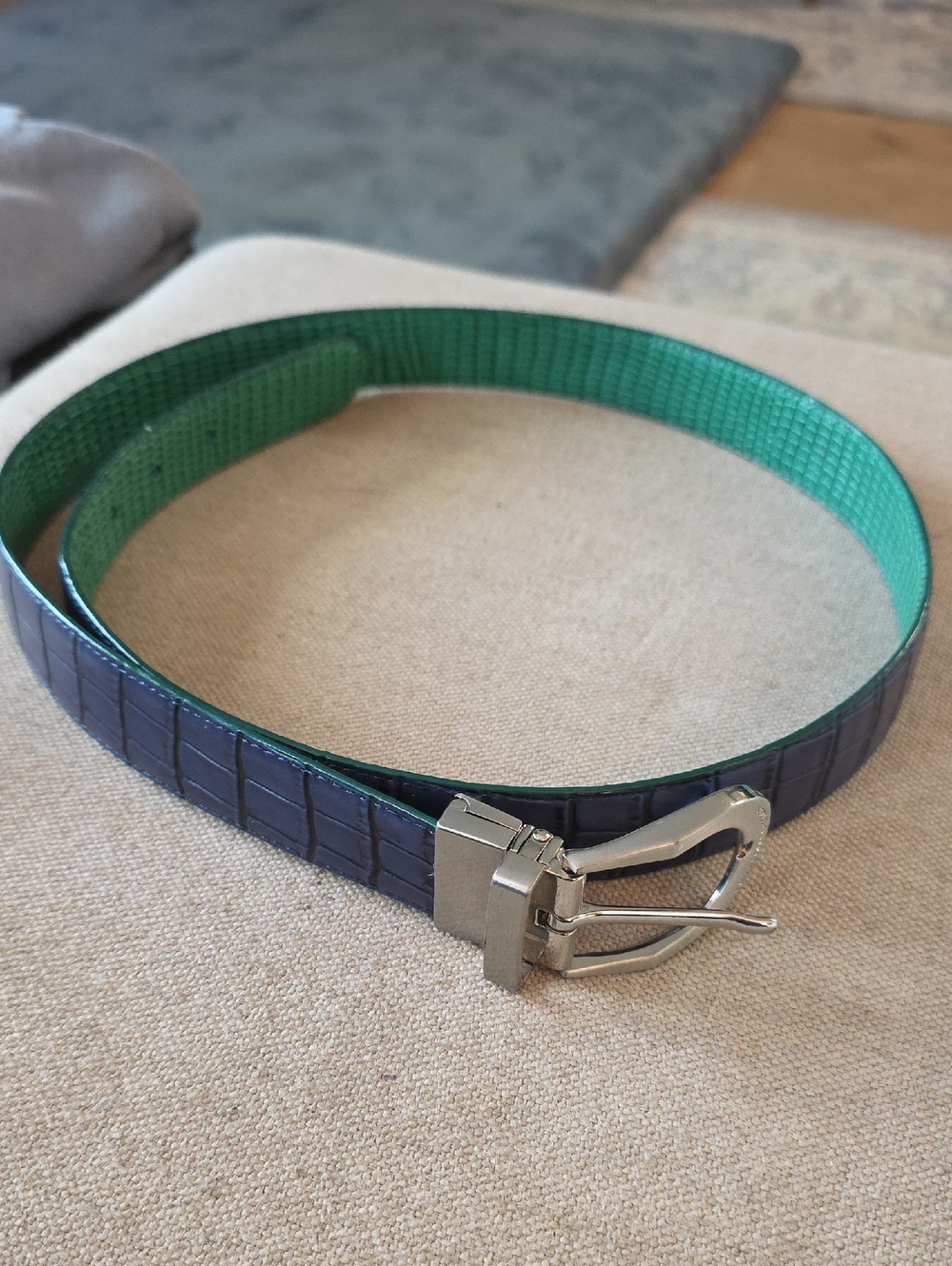 Noble Outfitters Women's Reversible Belt Navy Croc Green Silver Horseshoe Buckle